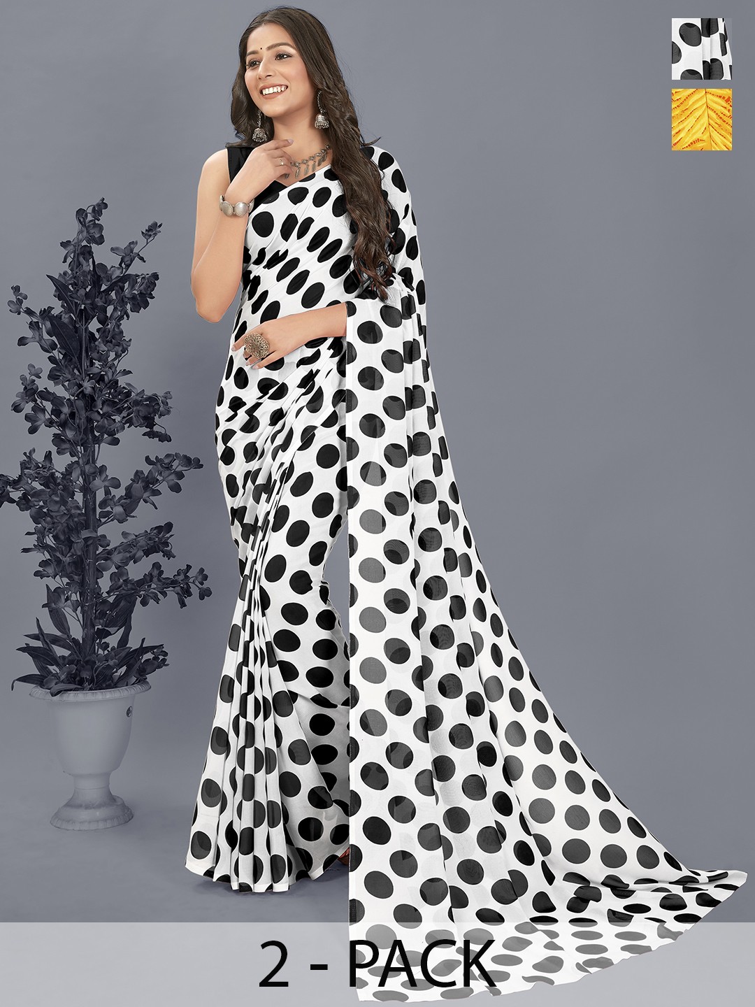 

ANAND SAREES Polka Dot Pack of 2 Saree, Black