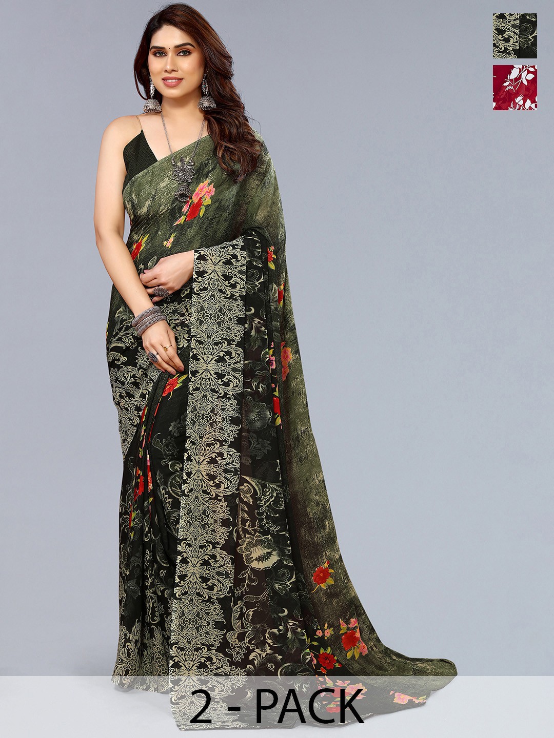 

ANAND SAREES Floral Pack of 2 Saree, Red