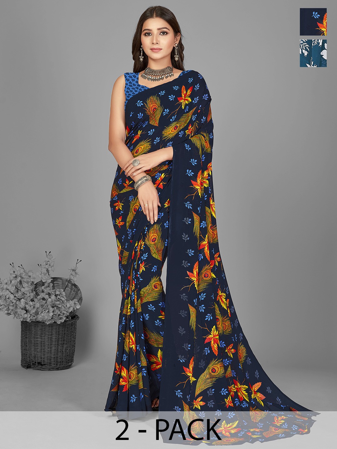

ANAND SAREES Floral Pack of 2 Saree, Teal