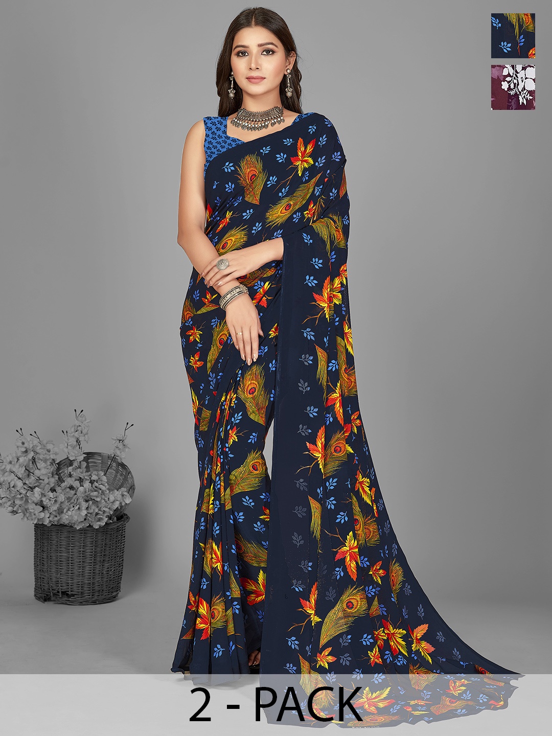 ANAND SAREES Pack Of 2 Floral Saree, Navy blue