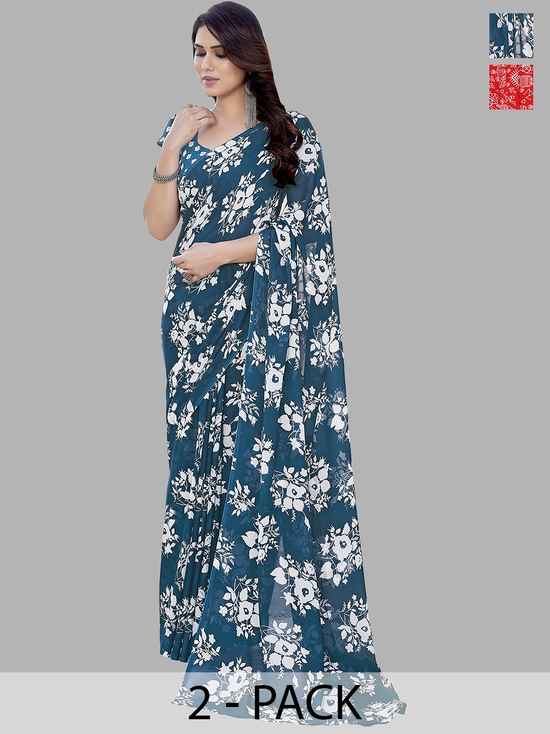

ANAND SAREES Pack Of 2 Floral Saree, Blue