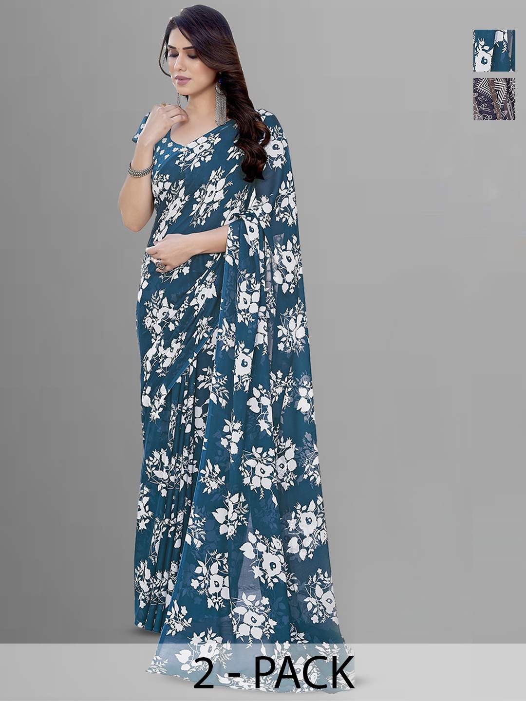 

ANAND SAREES Selection of 2 Floral Printed Saree, Teal