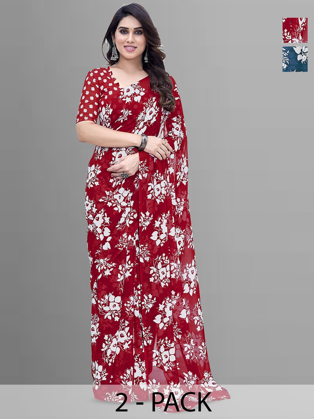

ANAND SAREES Selection Of 2 Floral Printed Saree, Red