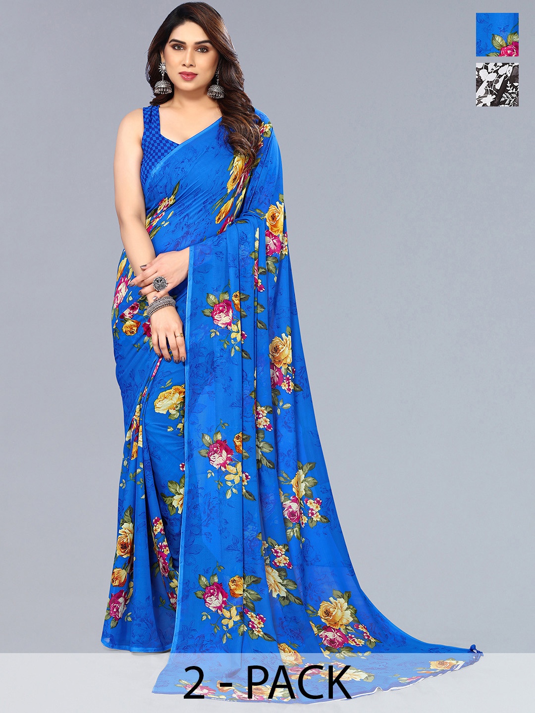 

ANAND SAREES Pack Of 2 Floral Saree, Blue
