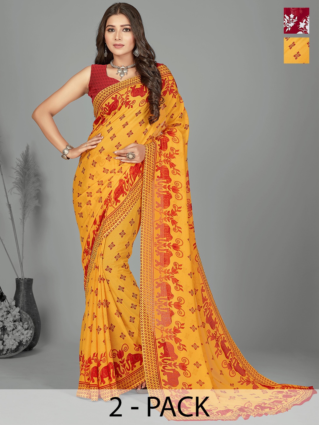

ANAND SAREES Floral Poly Georgette Saree, Red