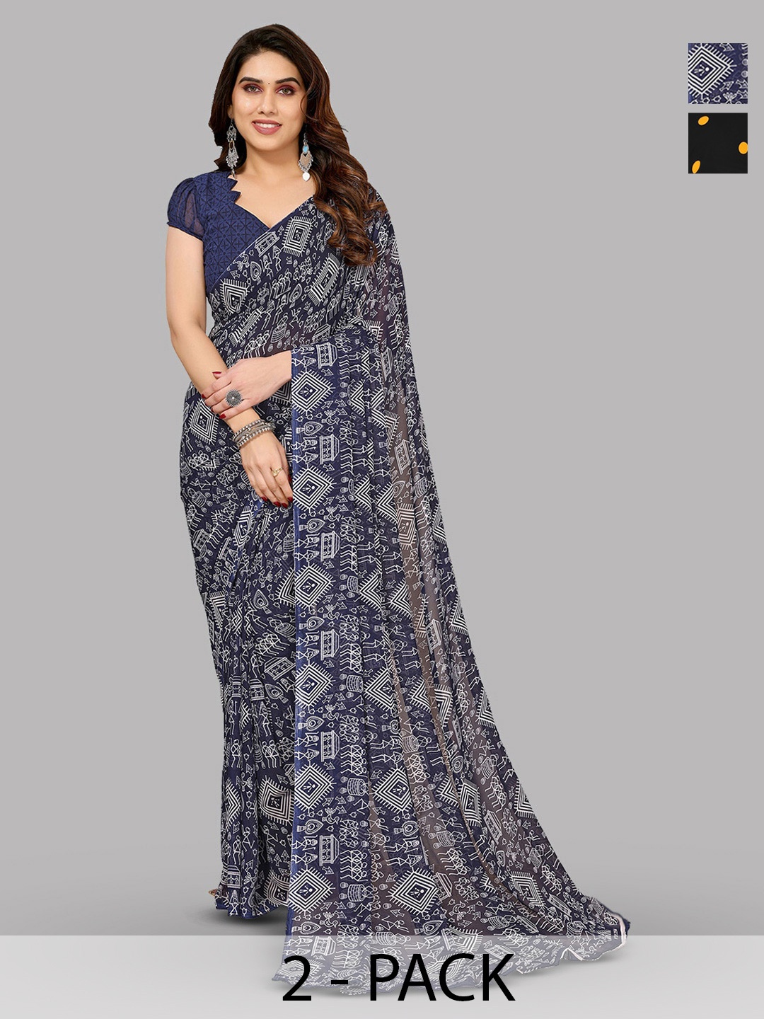 

ANAND SAREES Selection of 2 Warli Printed Saree, Navy blue