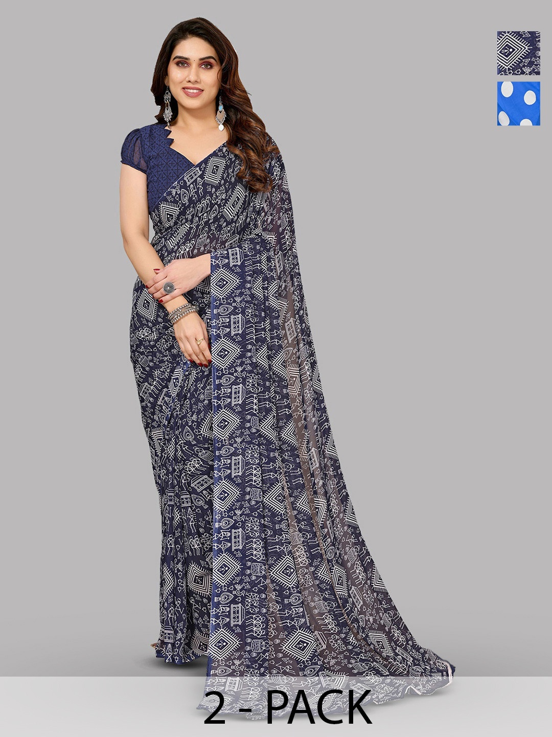 

ANAND SAREES Selection Of 2 Warli Printed Saree, Navy blue