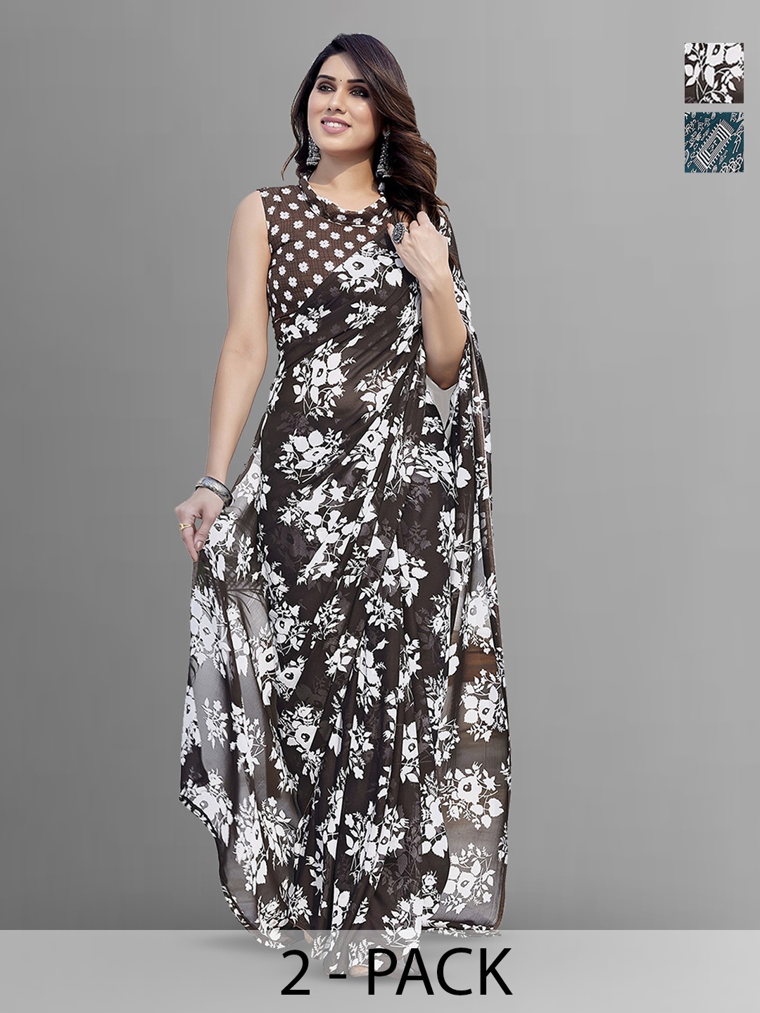 

ANAND SAREES Selection Of 2 Georgette Printed Sarees, Black