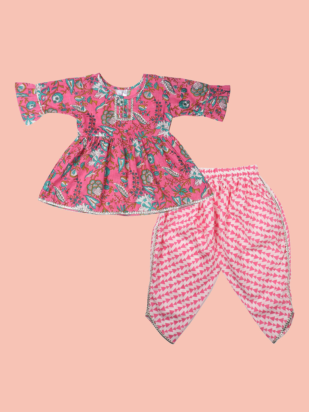 

BAESD Girls Floral Printed A-Line Kurti With Dhoti Pants, Pink
