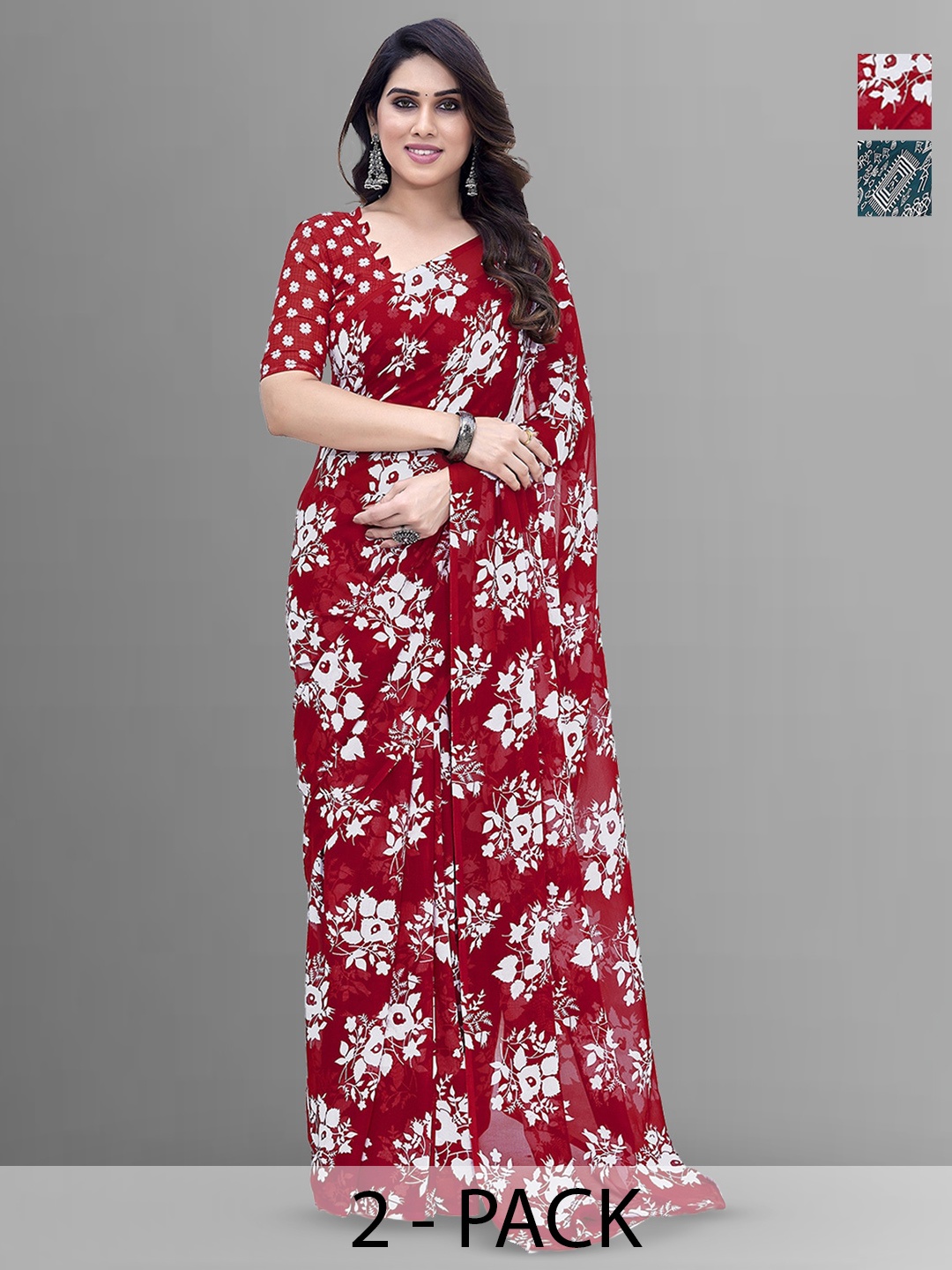 

ANAND SAREES Selection of 2 Floral Printed Saree, Red