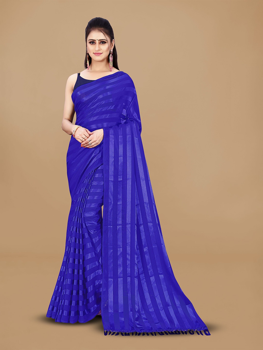 

ANAND SAREES Striped Satin Saree, Navy blue