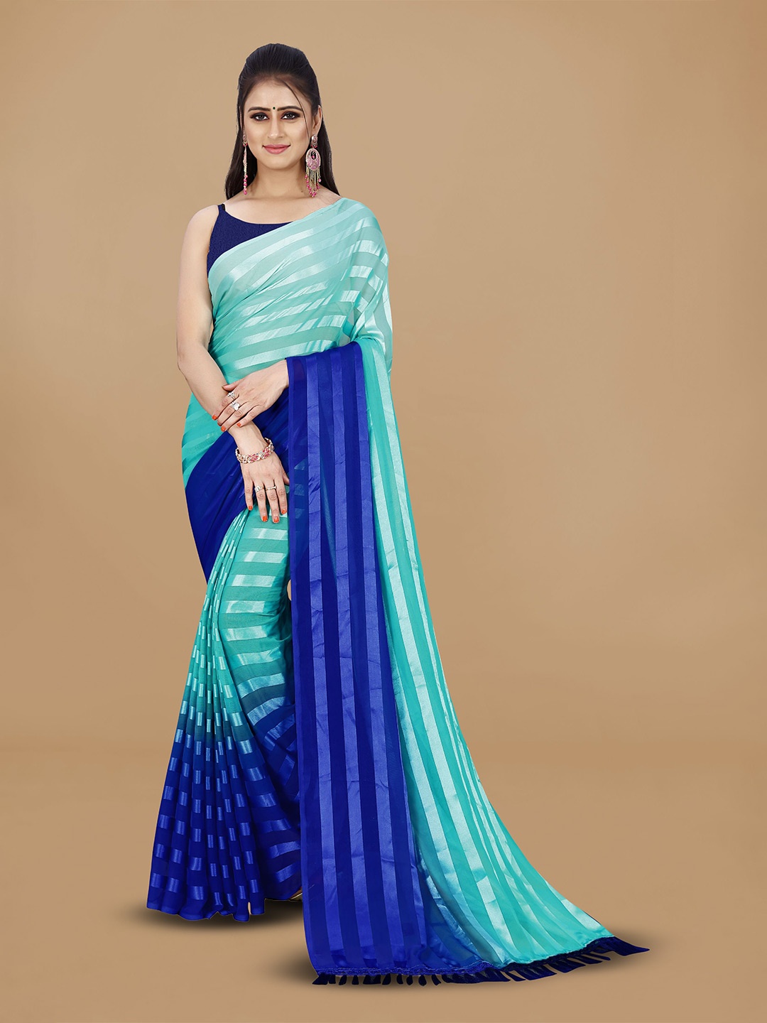 

ANAND SAREES Striped Satin Saree, Blue
