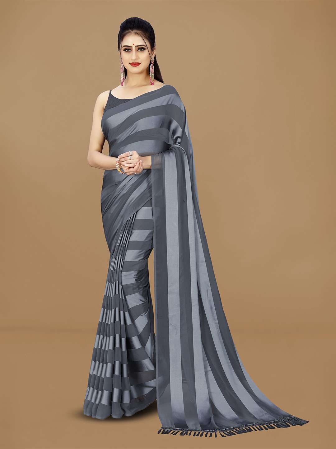 

ANAND SAREES Striped Satin Saree, Grey