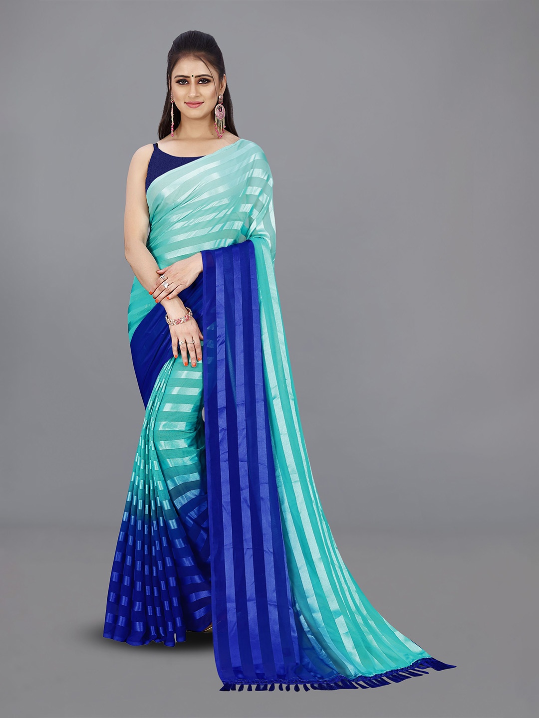 

ANAND SAREES Striped Tasseled Satin Saree, Blue