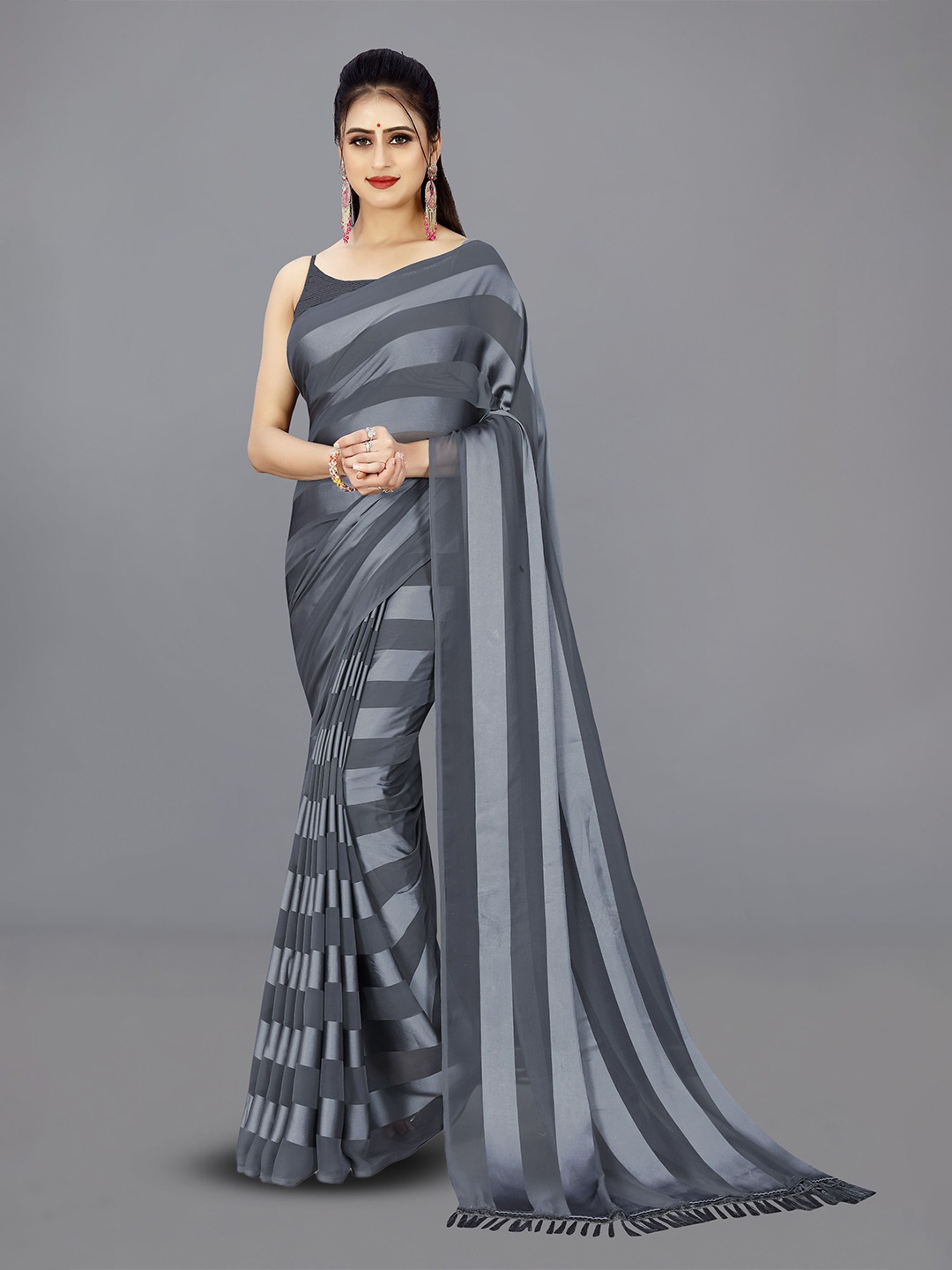 

ANAND SAREES Striped Satin Saree, Grey