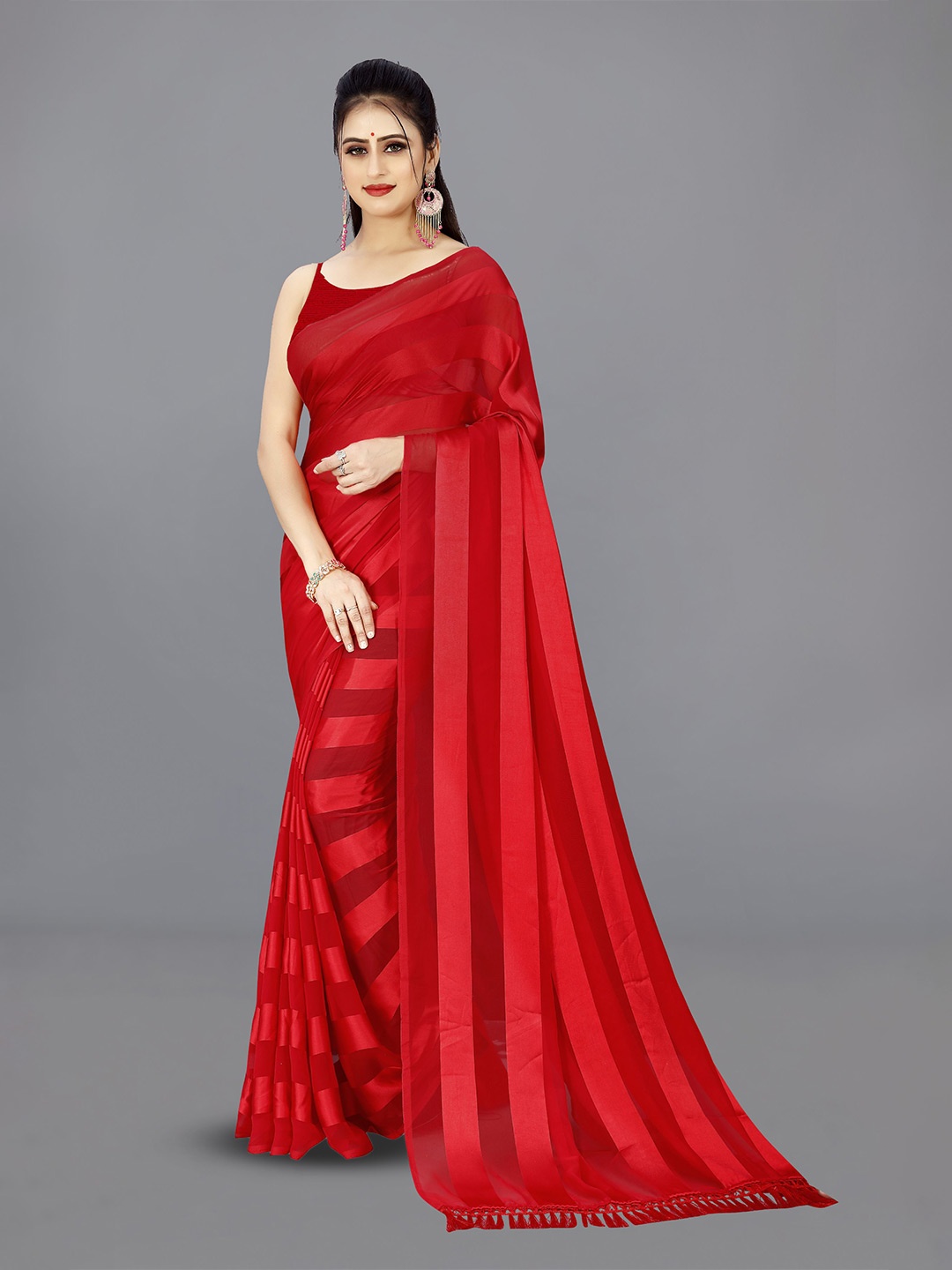 

ANAND SAREES Striped Satin Saree, Red