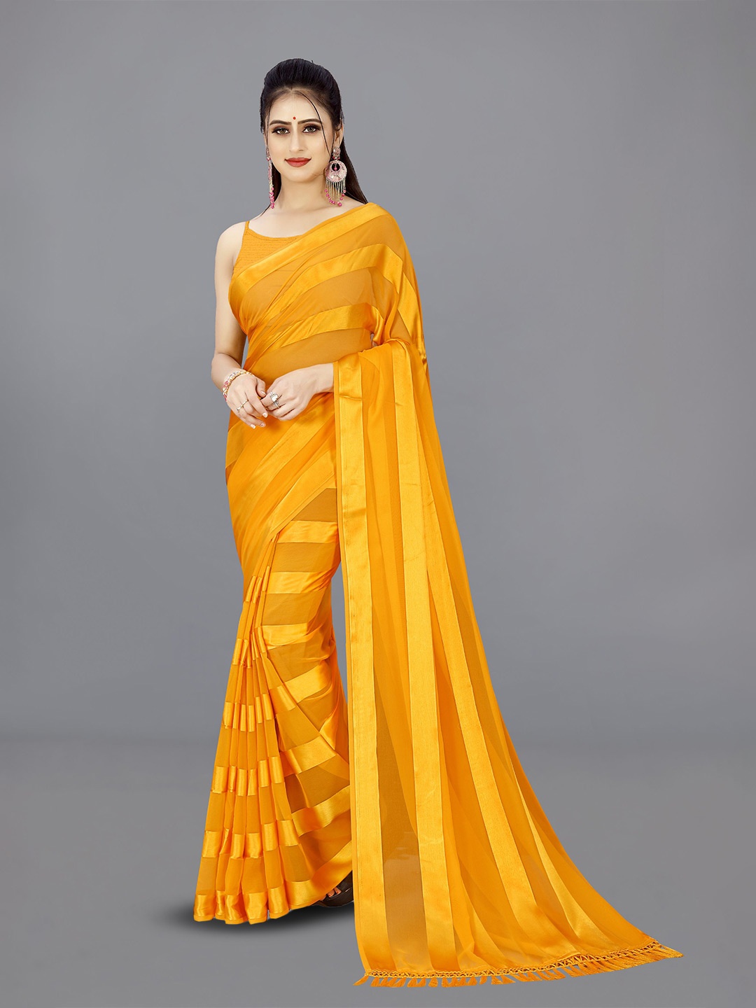 

ANAND SAREES Striped Printed Satin Saree, Yellow
