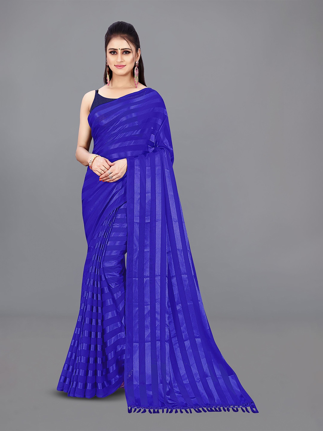 

ANAND SAREES Striped Satin Saree, Navy blue