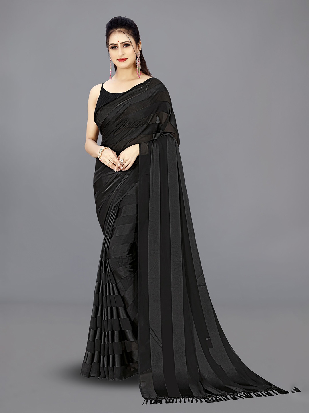 

ANAND SAREES Striped Satin Saree, Black