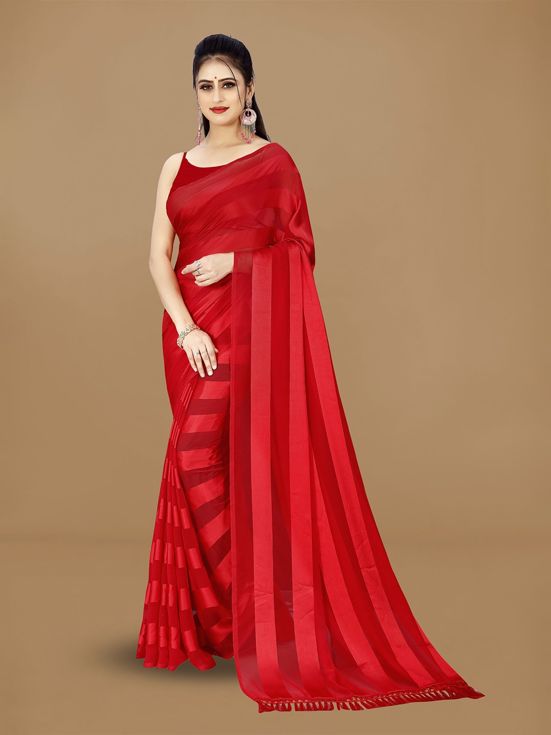 

ANAND SAREES Striped Satin Saree, Red