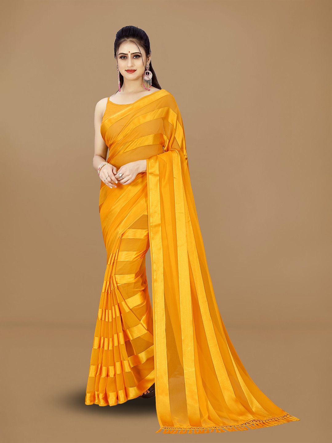 

ANAND SAREES Striped Satin Saree, Yellow