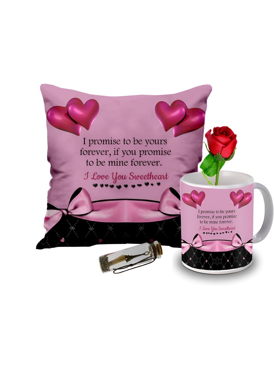 

ME & YOU Pink & White 4 Pieces Printed Cushion Coffee Mug Rose & Message Pills Gift Set