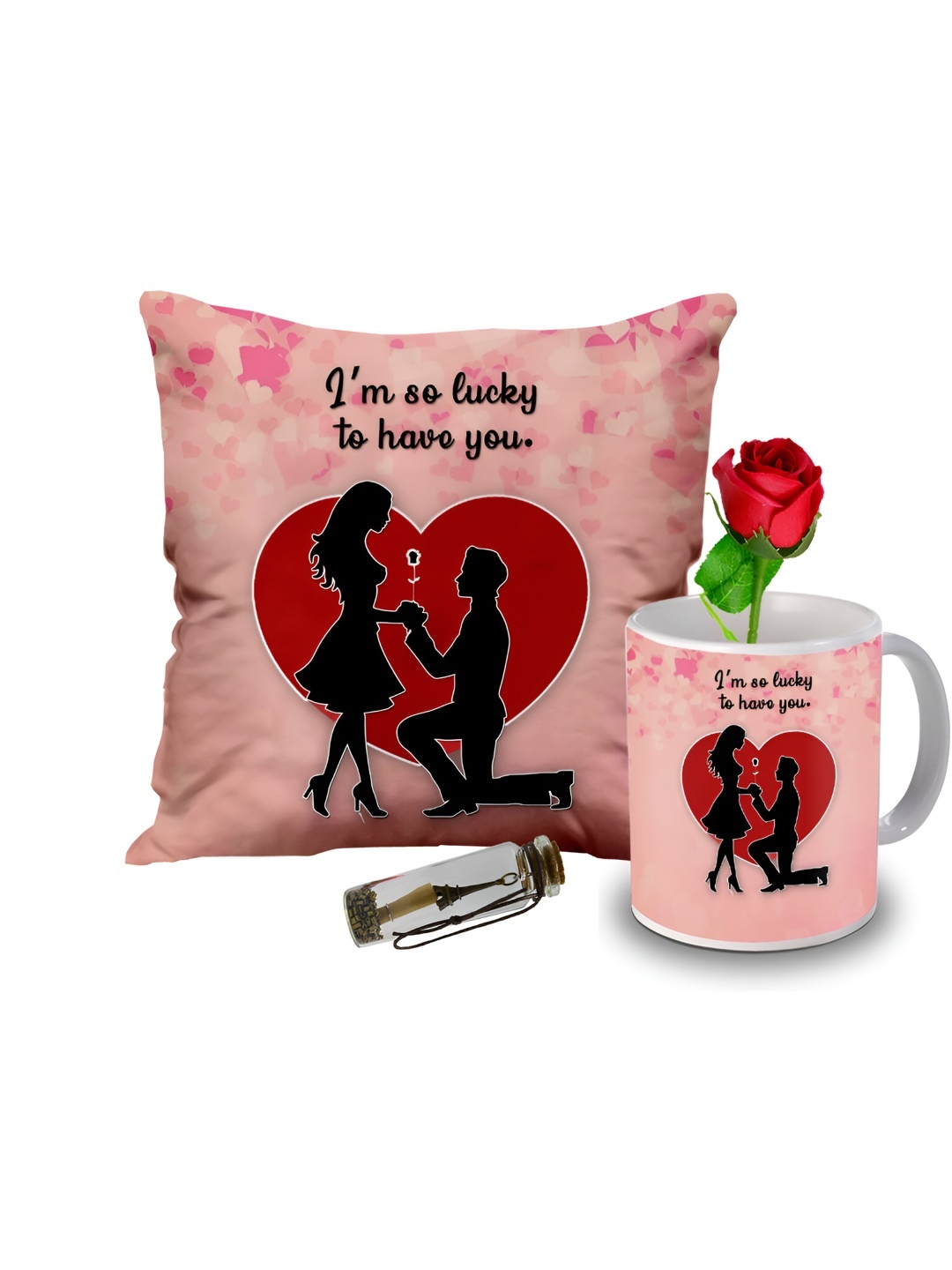 

ME & YOU Pink & Red 4 Pieces Printed Cushion Coffee Mug Rose & Message Pills Gift Set