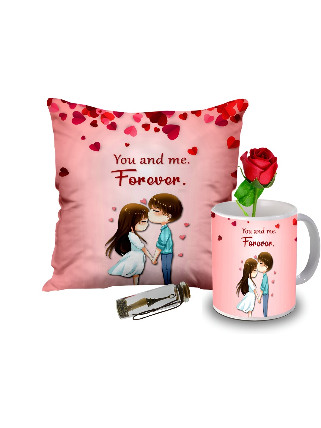 

ME & YOU Red & Pink 4 Pieces Printed Cushion Mug Rose & Bottle Valentines Gift