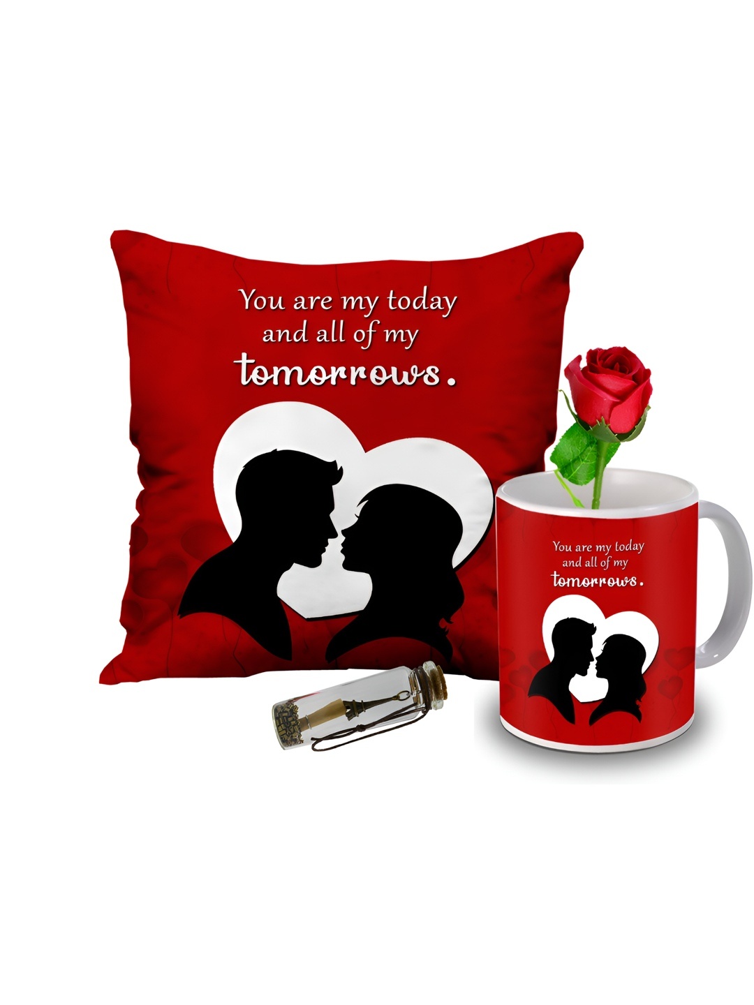 

ME & YOU 4-Pcs Red & White Printed Cushion Coffee Mug Rose & Message Pills Gift Set