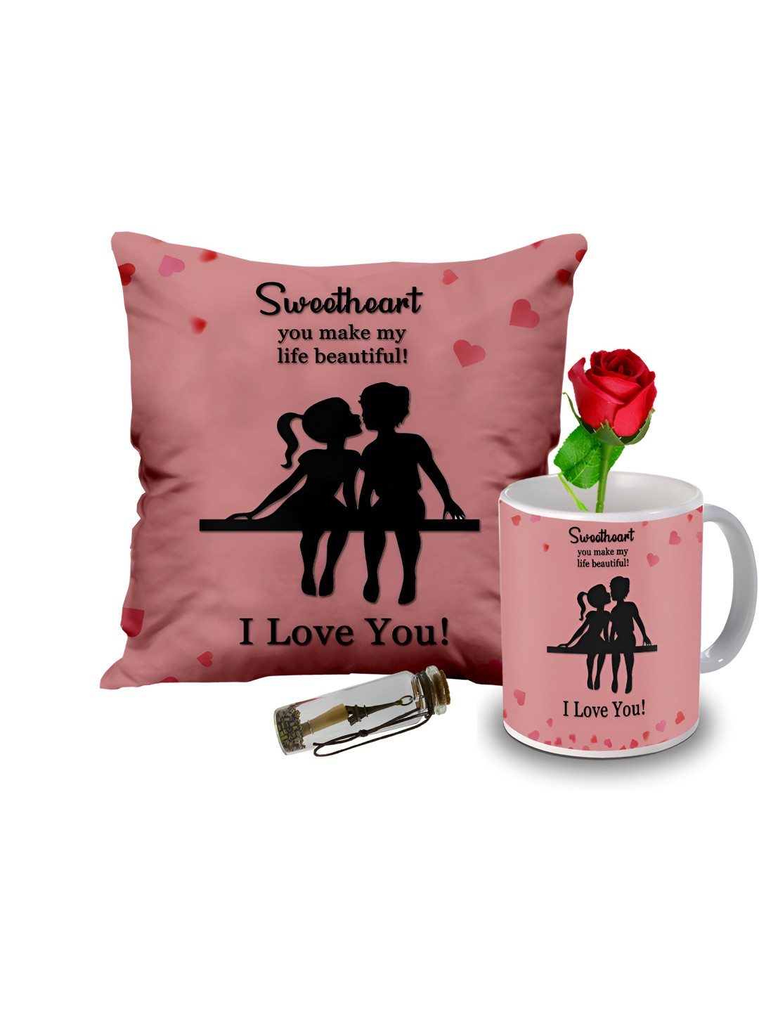 

ME & YOU 4-Pcs Pink & Red Printed Cushion Mug Rose Message Pills Valentine Gifts Set