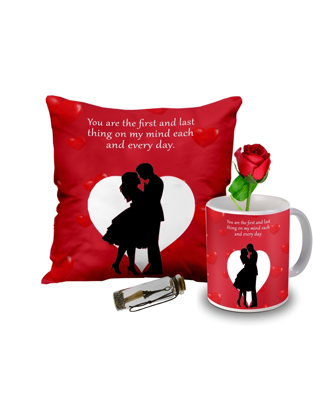 

ME & YOU White & Red 4 Pieces Printed Cushion Mug Rose & Bottle Valentines Gift Set