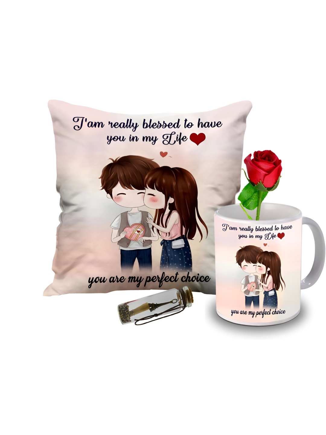 

ME & YOU Peach 4 Pieces Printed Cushion Coffee Mug Rose & Message Pills Home Gift Set