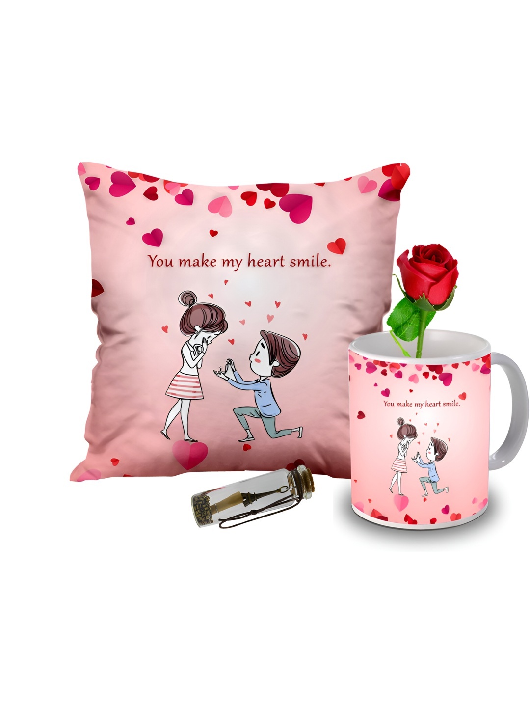 

ME & YOU Pink & White 4 Pcs Printed Cushion Coffee Mug Rose & Message Pills Gift Set