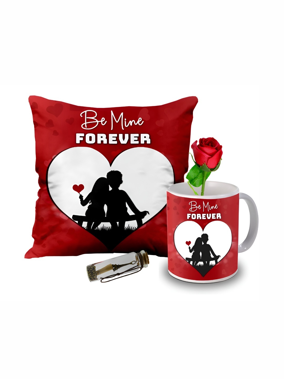 

ME & YOU Red 4 Pieces Printed Cushion Coffee Mug Rose & Message Pills Home Gift Set