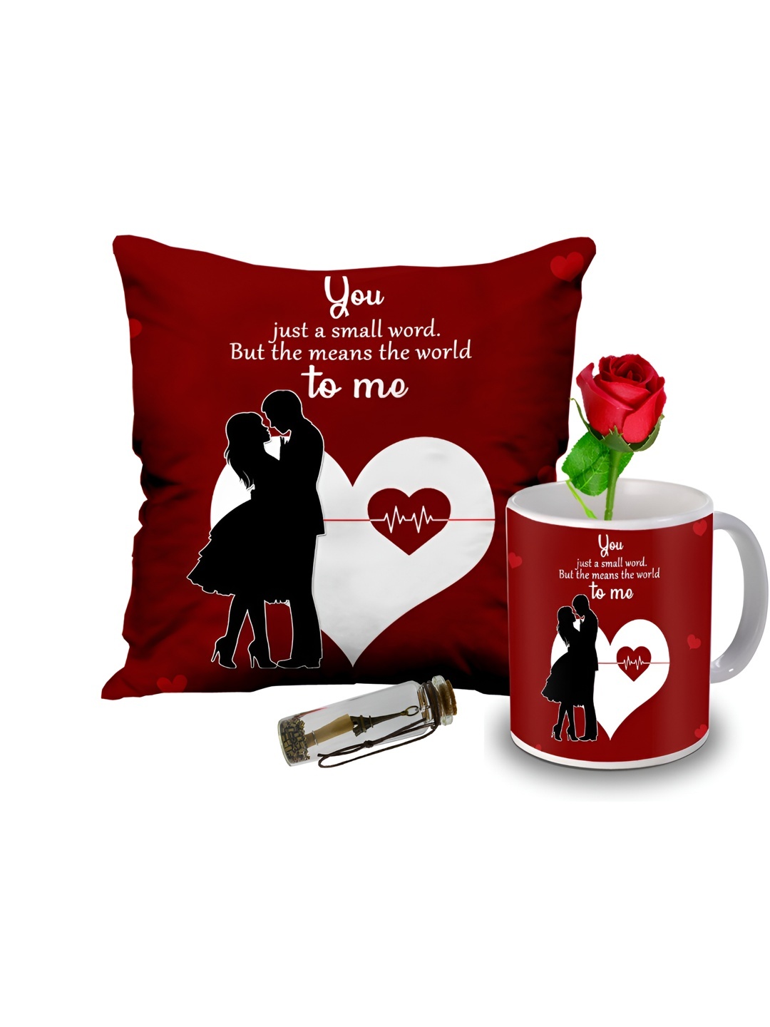 

ME & YOU Red & White 4 Pieces Printed Cushion Coffee Mug Rose & Message Pills Gift Set