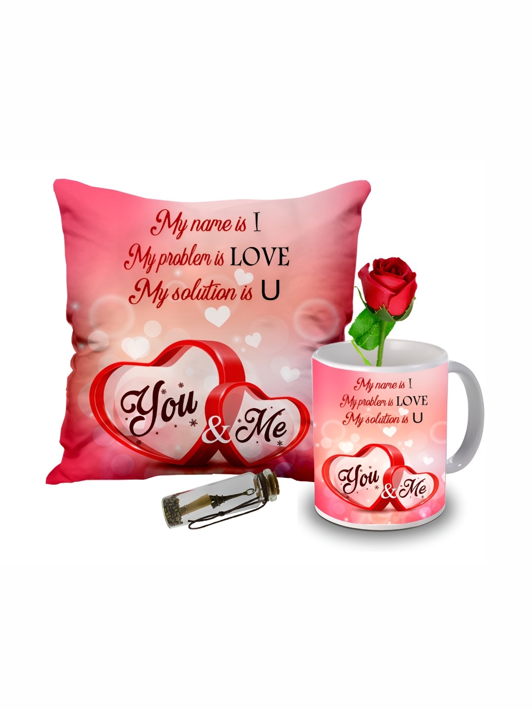 

ME & YOU 4-Pcs Pink & White Printed Cushion Coffee Mug Rose & Message Pills Gift Set