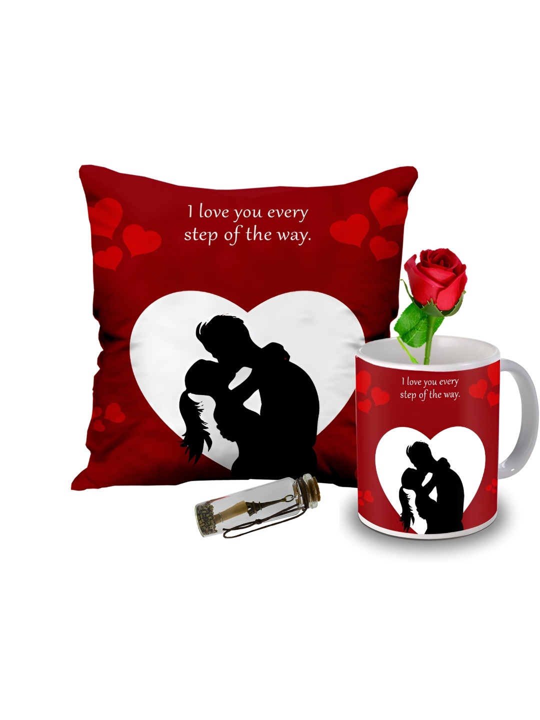 

ME & YOU 4-Pcs Red & White Printed Cushion Coffee Mug Rose & Message Pills Gift Set