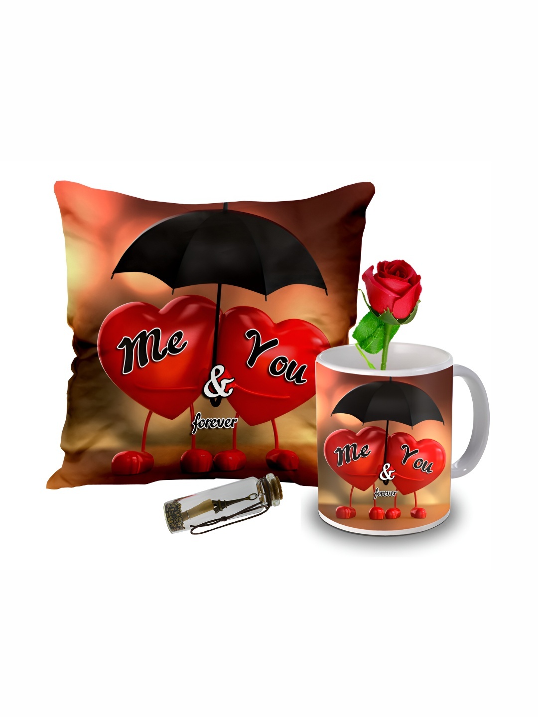 

ME & YOU 4-Pcs Orange Coloured & Red Cushion Coffee Mug Rose & Message Pills Gift Set