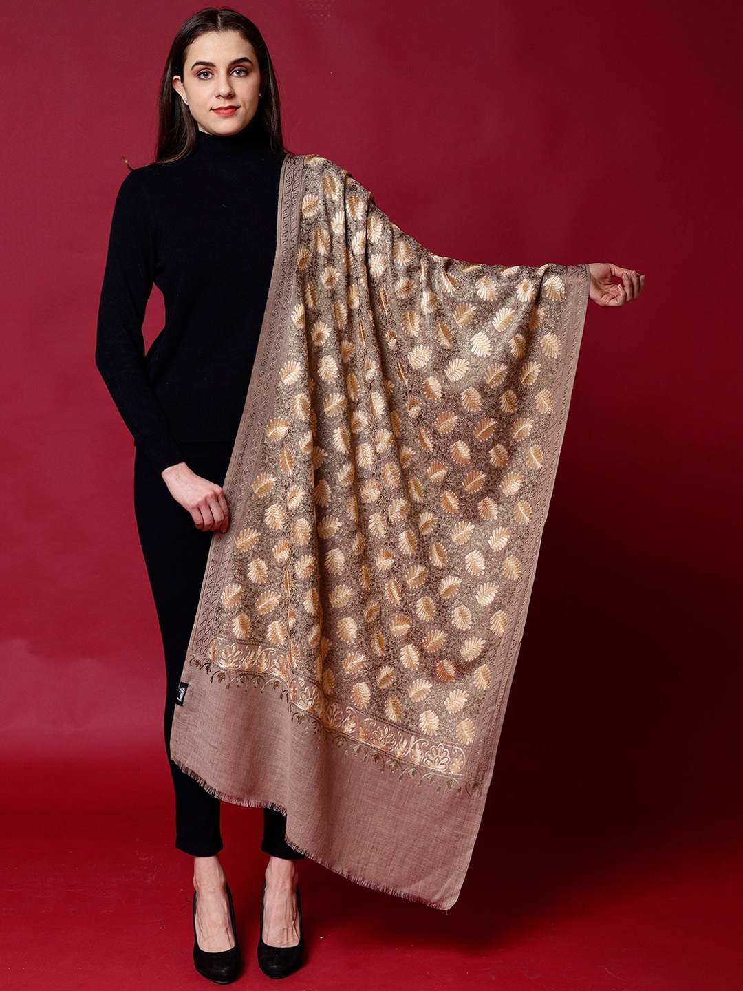 

Tweedle Paisley Embroidered Pure Wool Shawl, Beige