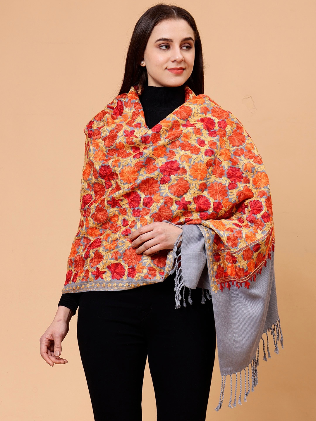 

Tweedle Floral Embroidered Pure Wool Shawl, Beige