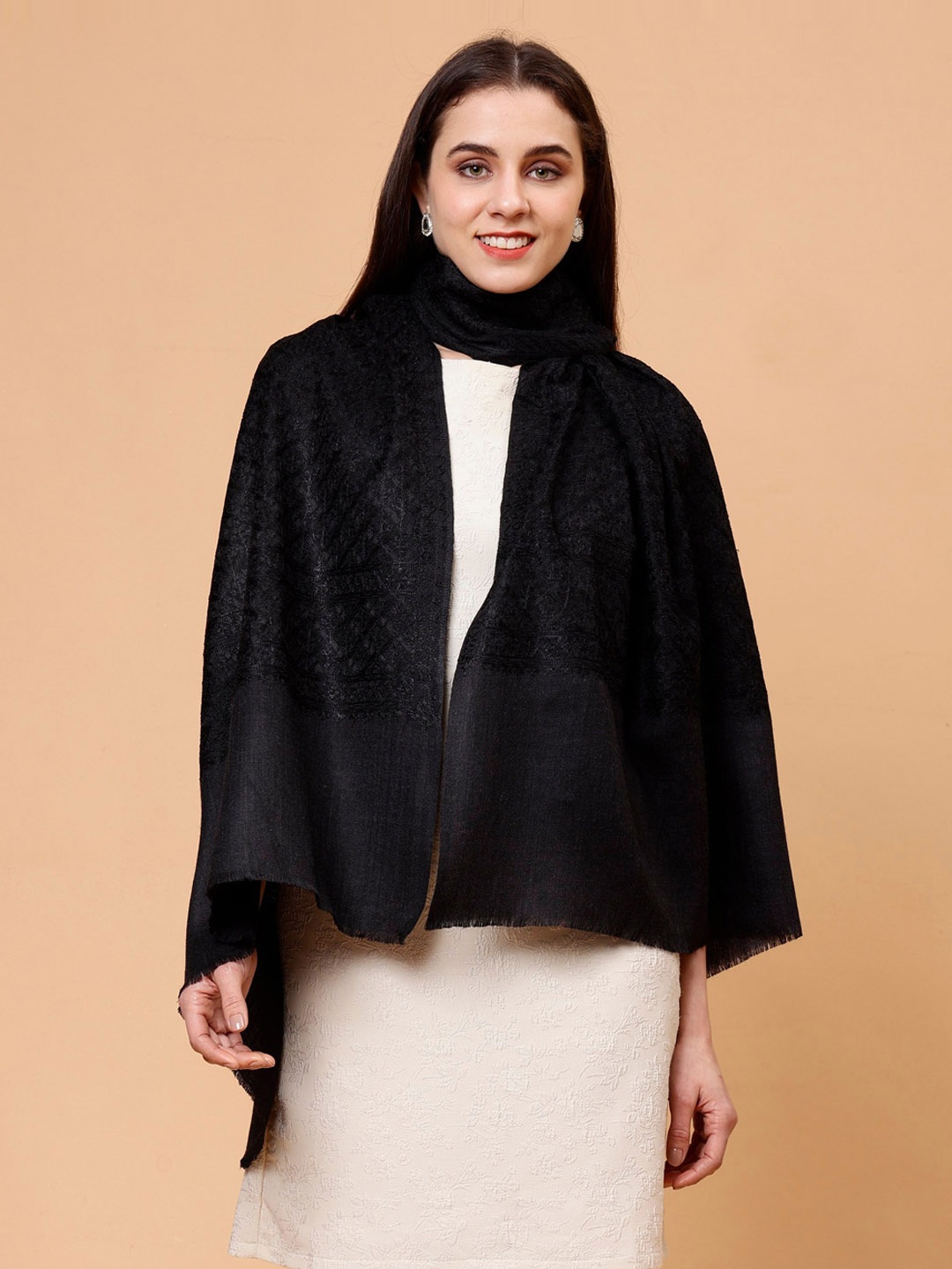 

Tweedle Floral Embroidered Pure Wool Shawl, Black
