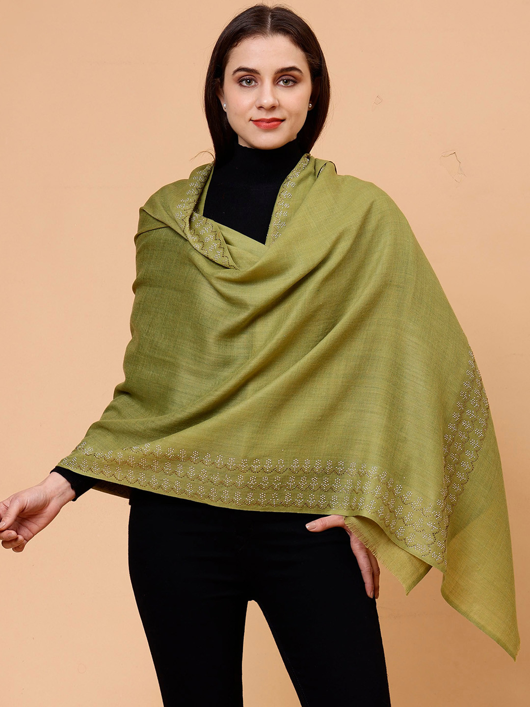 

Tweedle Women Floral Embroidered Beads & Stones Pure Woollen Shawl, Olive