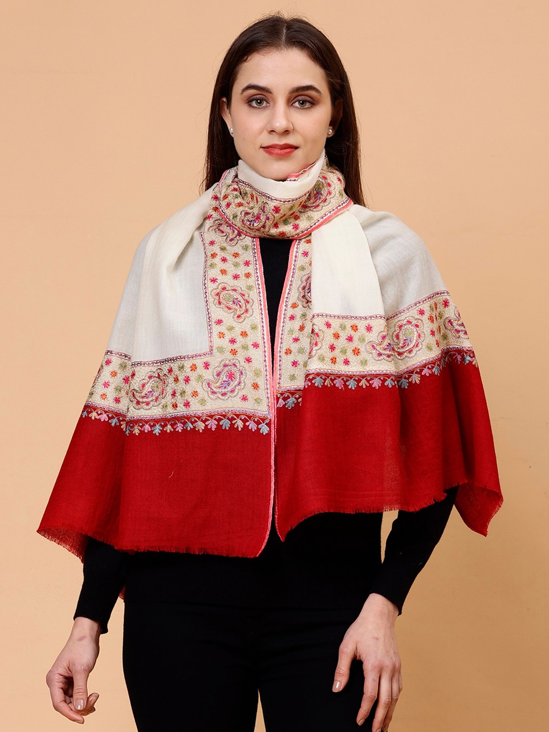 

Tweedle Women Paisley Embroidered Pashmina Shawl, Cream