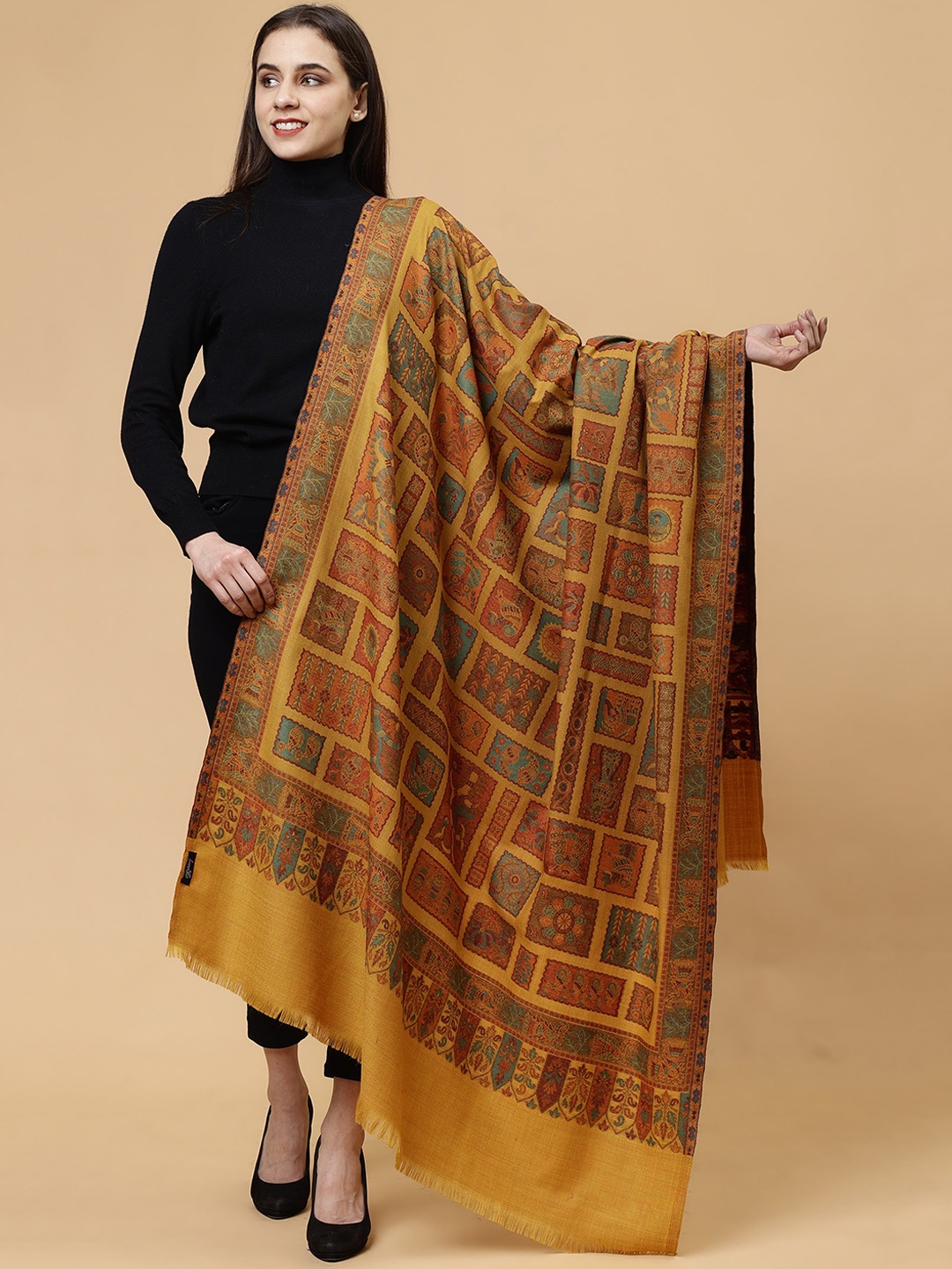 

Tweedle Ethnic Motifs Woven Design Pure Wool Shawl, Mustard