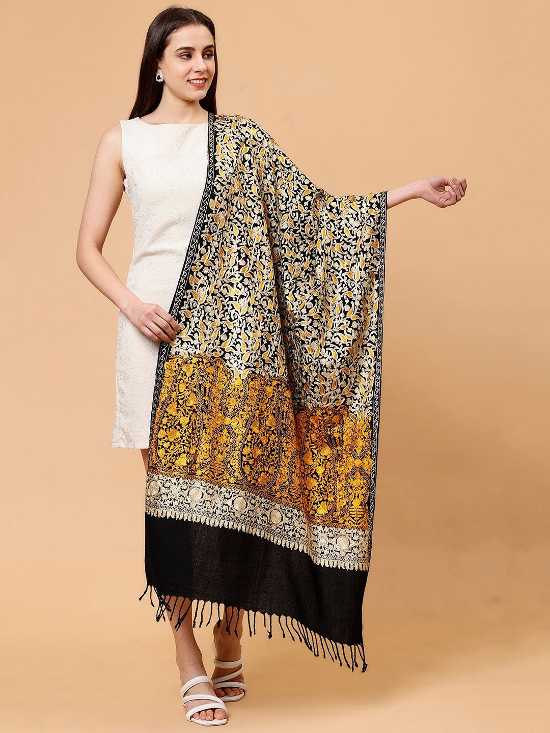 

Tweedle Floral Embroidered Pure Wool Shawl, Black