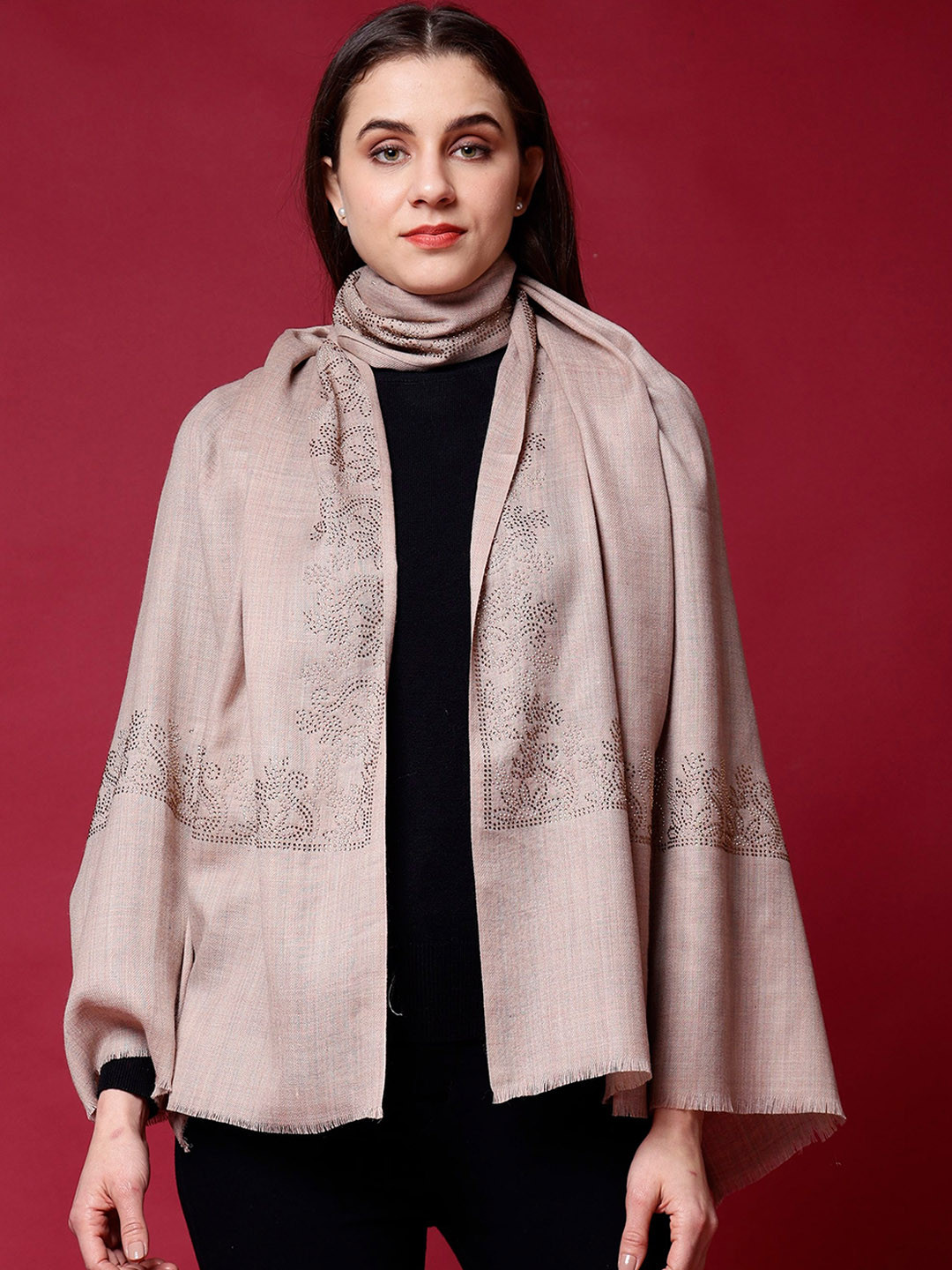 

Tweedle Women Ethnic Motifs Embroidered Beads & Stones Pure Woollen Shawl, Nude