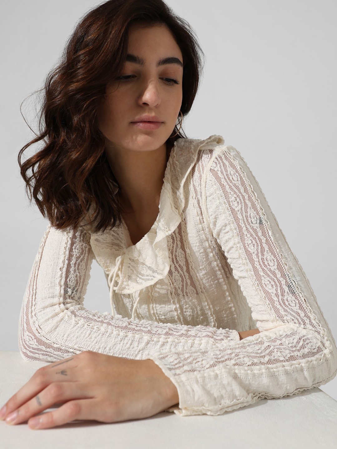 

ONLY Self Design Tie-Up Neck Semi Sheer Ruffled Lace Top, Off white