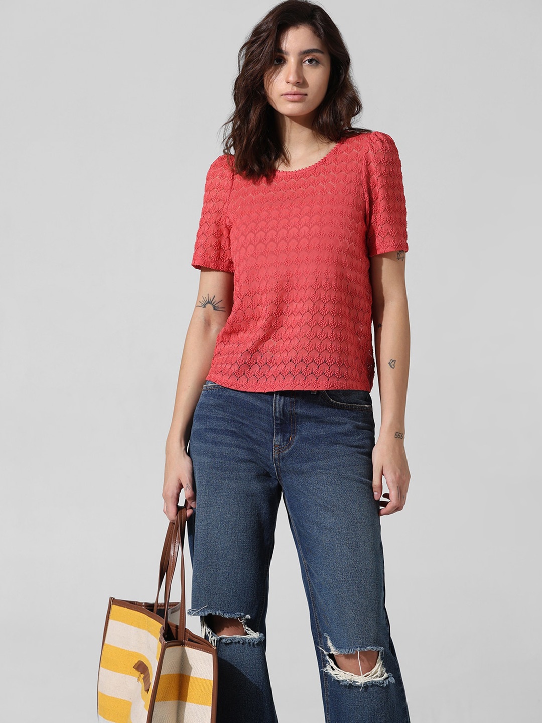 

ONLY Self Design Round Neck Semi Sheer Lace Top, Red