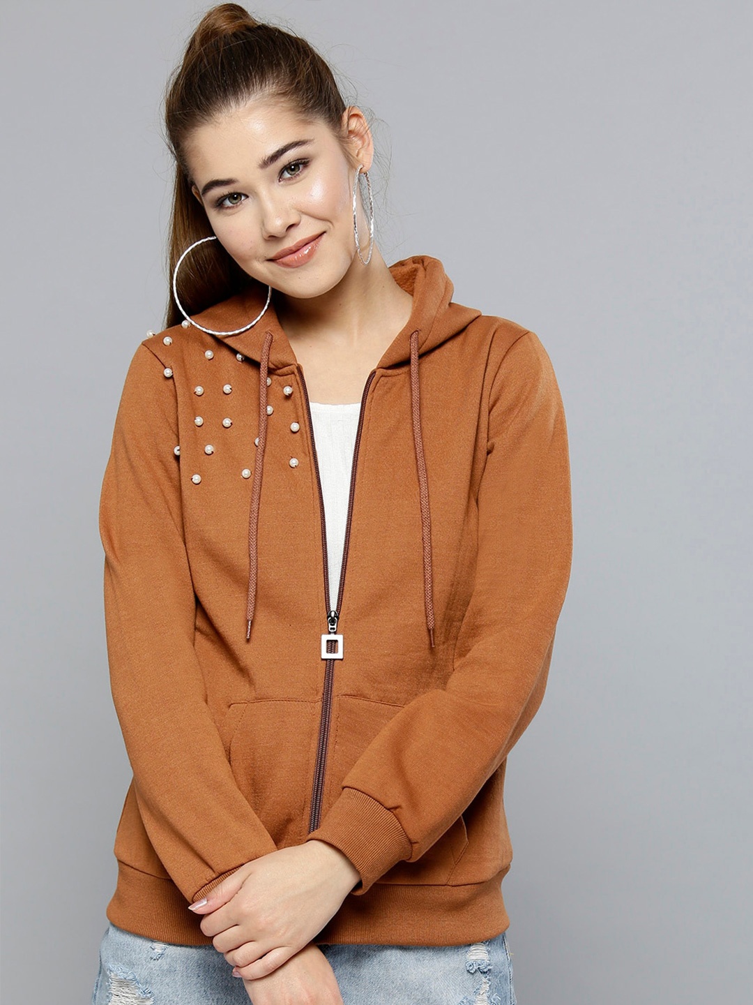 

Carlton London Embellished Hooded Front-Open Fleece Sweatshirt, Brown