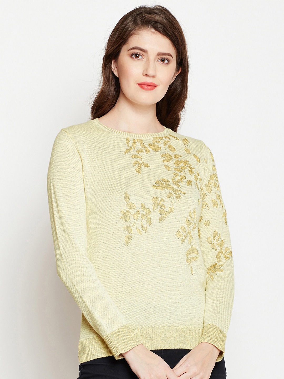 

Carlton London Abstract Self Design Cotton Ribbed Pullover Sweater, Yellow